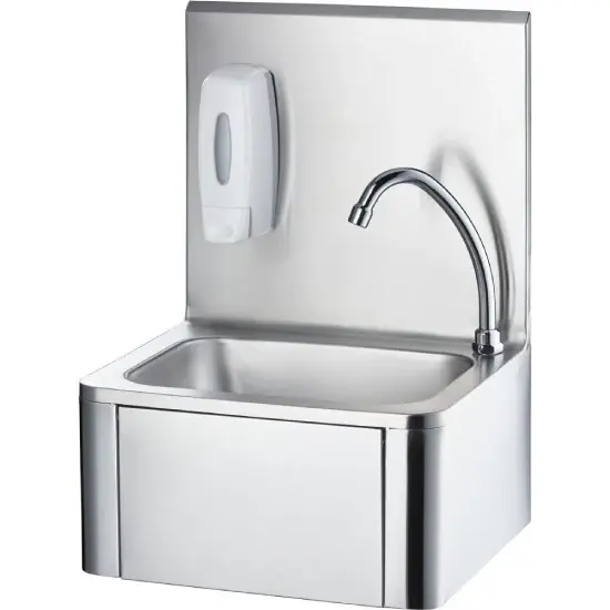 Handwaschbecken zur Wandmontage 400x330x570 mm, mit Kniebedienung inkl. Armatur, Seifenspender und Wandpaneel Rabatt