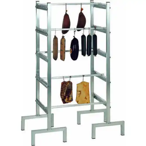 CNS- Fleisch-Abhängeständer, T 750 x H 1900 mm, Auflagenabstand 350 mm, Werkstoff-Nr. 1.4301, Oberfläche gestrahlt, stabile hygienische Ausführung, mit 5 Auflagen und eckiger Aussparung für Rauchstöcke Rabatt