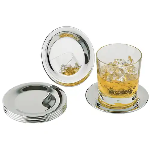 6 Untersetzer, Edelstahl hochglanzpoliert, weiche harmonische Form/Design, Rand eingerollt, ca. Ø 12 cm Neue Ware